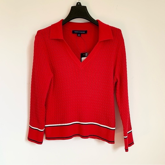 Sale! $70 Tommy Hilfiger Women's Classic Red Johnny Collar Cable Sweater Size S - Picture 2 of 9